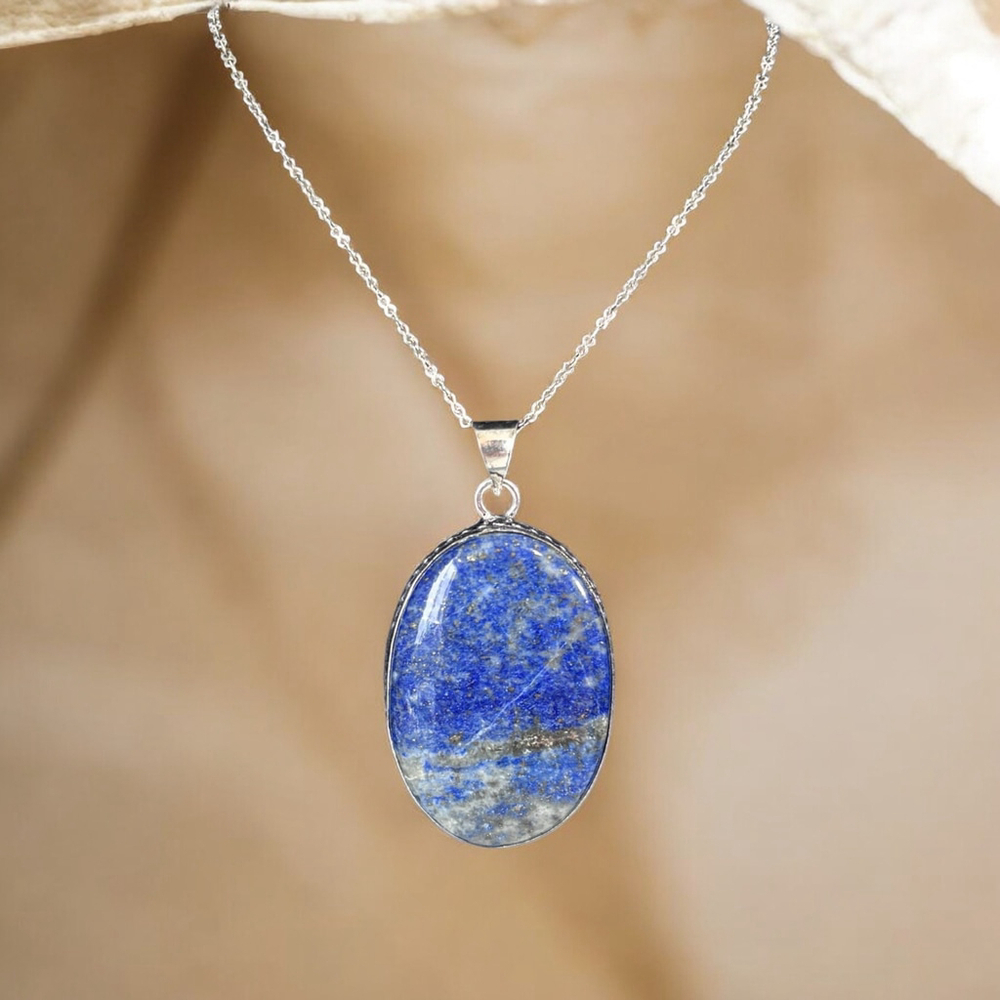 925 Silver Plated Lapis Lazuli 2" Pendant Semi-Precious Jewelry NWT - Picture 4 of 5